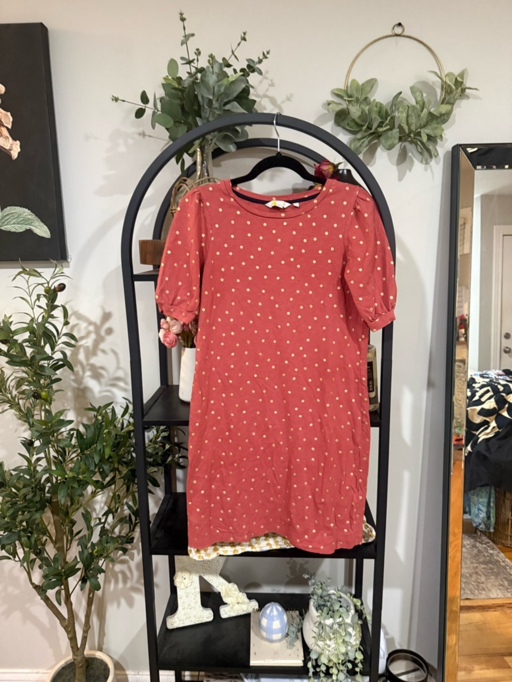 Boden Coral Pink Gold Polka Dot Dress Puff Sleeve Cotton Mini Size 6 Preppy